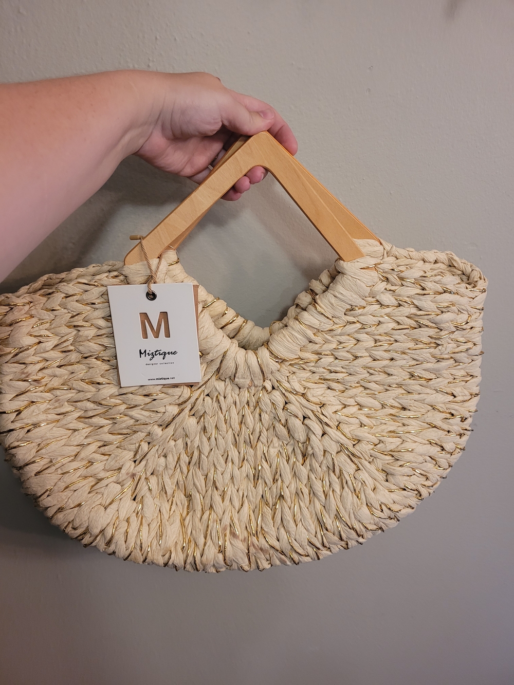 Miztique Aria Cream Braided Tote with Gold Threading Triangle Wooden Handles
